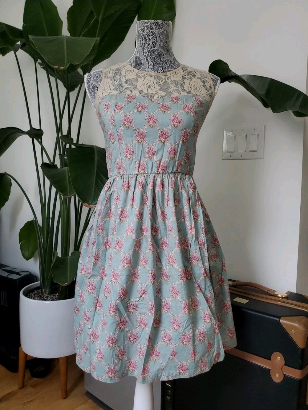 Floral Lace Yoke Fit & Flare Dress in Mint with Pink Blossoms